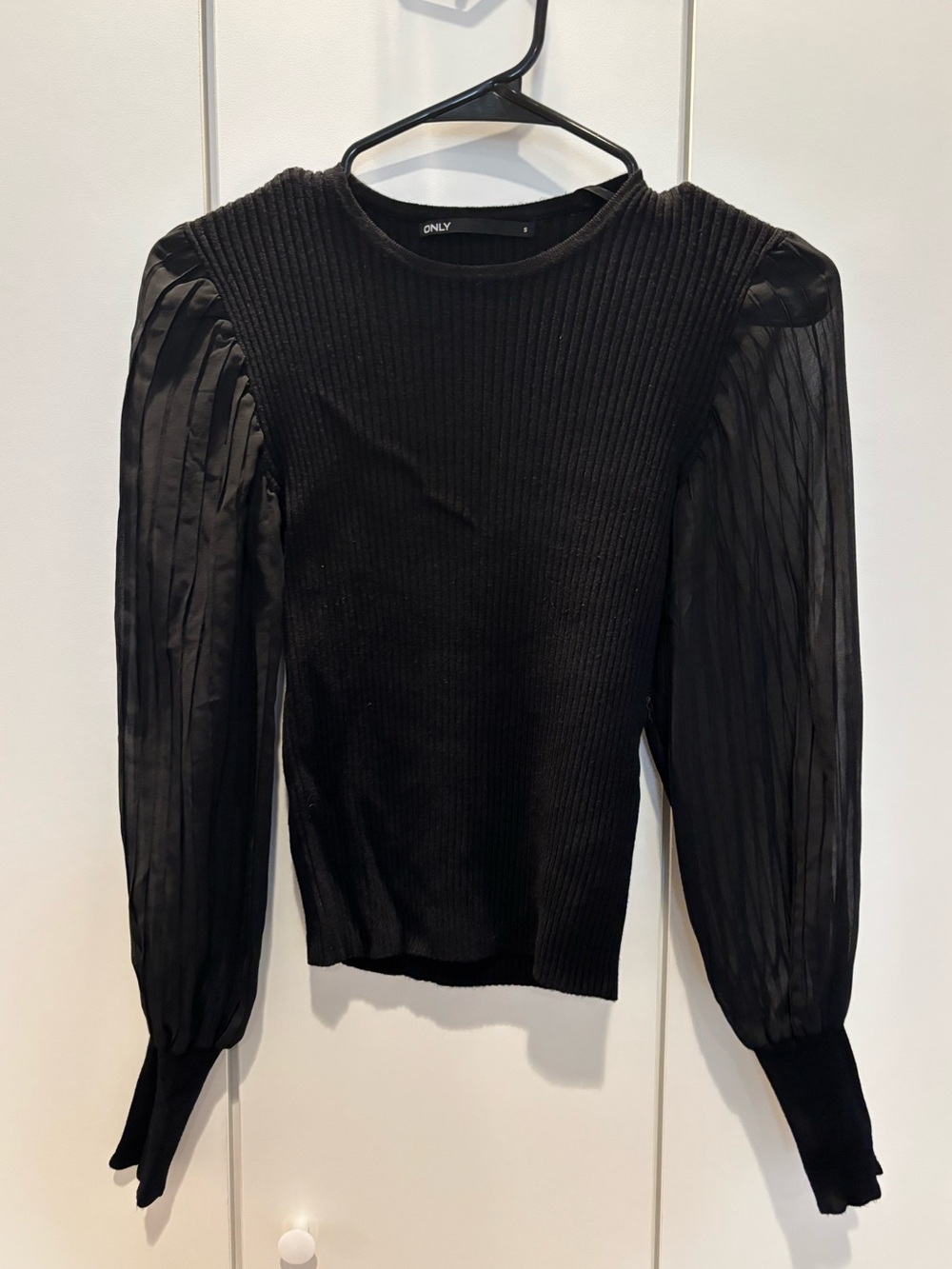 Only Black Ribbed Knit Top with Sheer Puff Sleeves